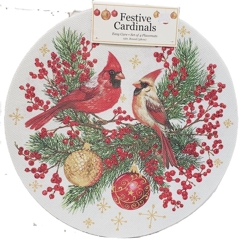 4 PVC Round Outdoor Polyvinyl Placemats(15") CHRISTMAS,FESTIVE CARDINAL BIRDS,BM